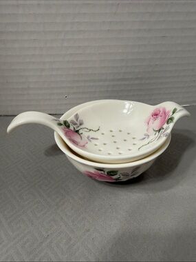 Vintage Allyn Nelson Bone China Tea Strainer Matching Drip Bowl Set Pink Floral